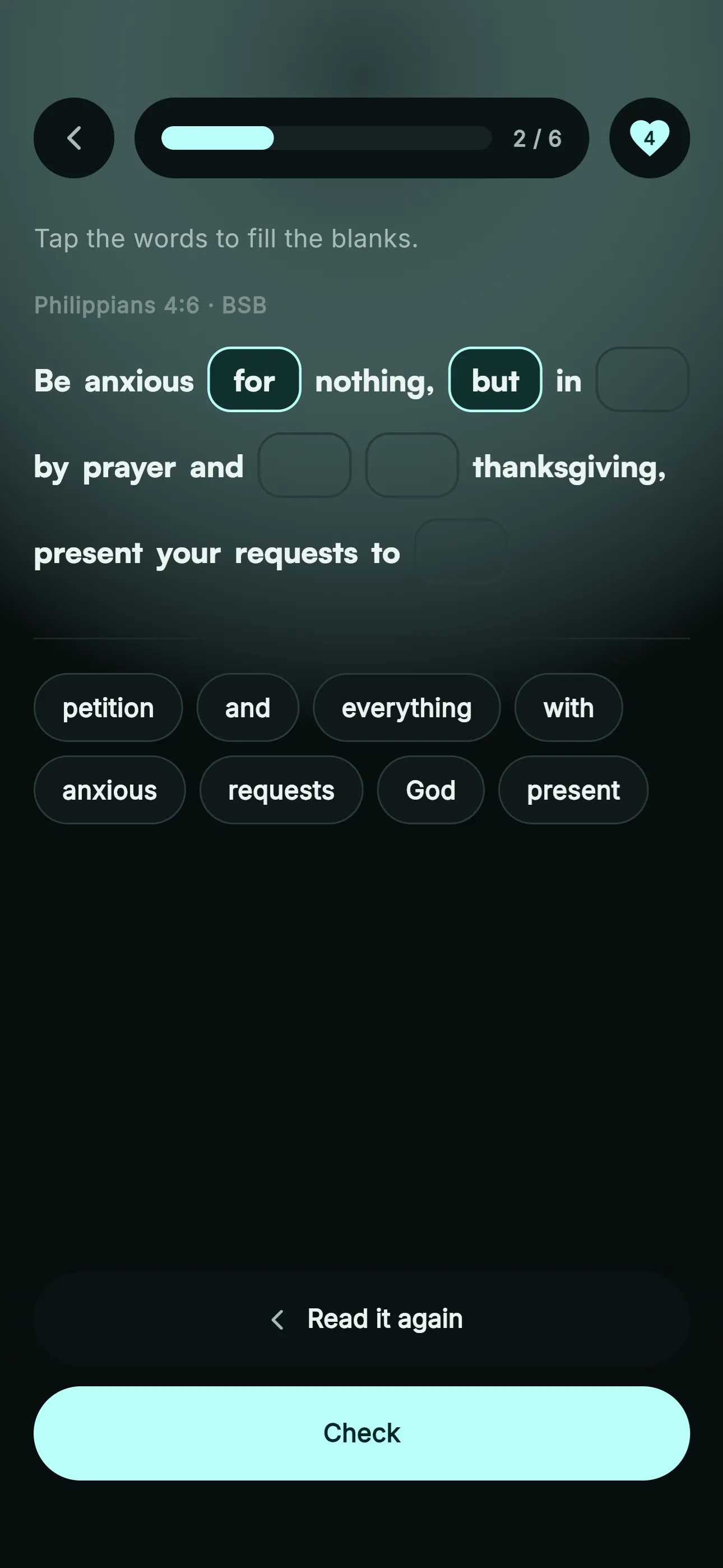 A fill-in-the-blank review in Engraved: tap the words to complete the verse.
